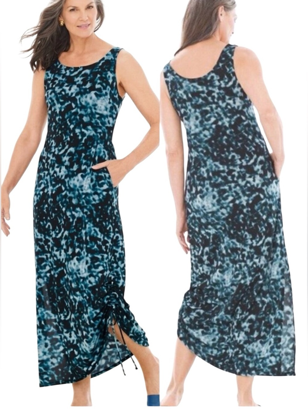 Soma Crepe Sleeveless Maxi Dress in Dark Harbor Tie Dye Ruched Drawstring